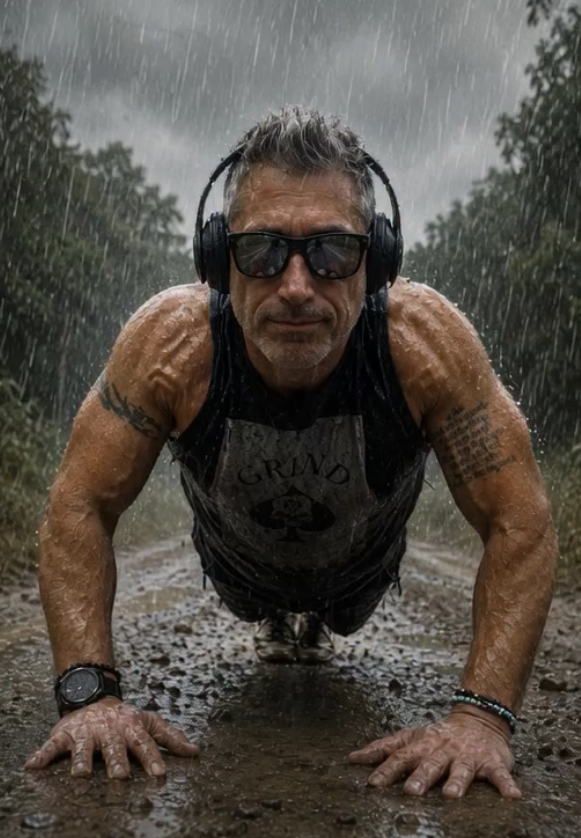 Sober runner doing push-ups in the rain on a muddy road